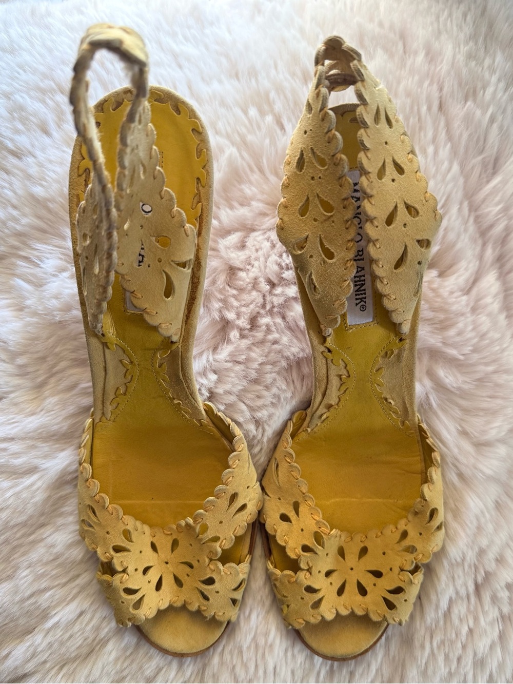 Manolo Blahnik Yellow Laser-Cut Suede Heels